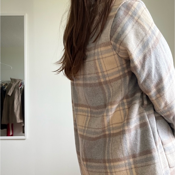H&M cream tan coat with muted blue plaid - Picture 3 of 11